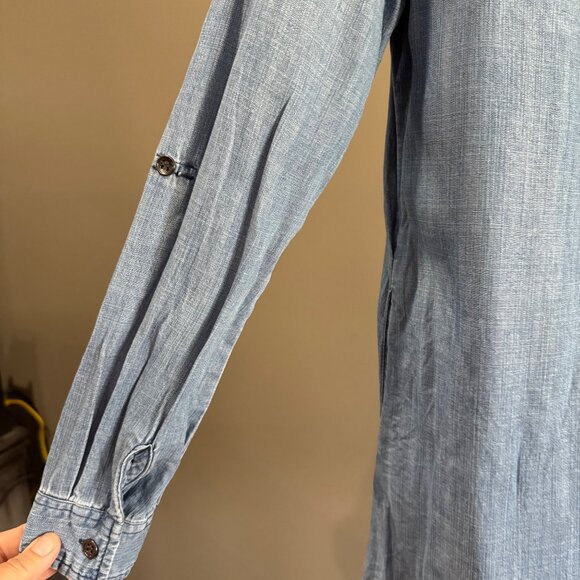 Joh Boho Tunic Dress S Blue Denim Style Fringe Hem Aztec Fabric Yoke - Picture 3 of 14